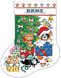Pet Christmas Stocking - PDF: This adorable cross stitch stocking features mischievous kitties and puppies and bunnies playing by the tree, encouraged by the parrot on top!
‘Purr-fectly’ thoughtful, it makes a whimsical Christmas gift idea for any pet lover on your holiday list.