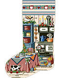 Holiday Kitchen Heirloom Stocking - PDF: Can you smell the holiday treats? Bring a little heartwarming charm into your home with this vintage kitchen design boasting with flavor! This stocking shows a Victorian style kitchen with wood-burning cookstove  and table covered in baked goods.
