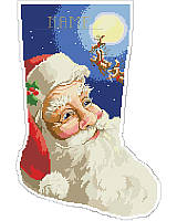 Upgrade your family's stocking collection and spruce up your mantel with this vibrant stocking! Featuring jolly Saint Nick's happy face in a big and bold design, with great detail in his expression as he gets a glimpse of his reindeer in flight on his annual ride to deliver toys. Personalize this stocking for a special family member to become a beautiful, cherished addition to any holiday decor.  