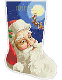 Jolly St. Nick Stocking - PDF: Upgrade your family's stocking collection and spruce up your mantel with this vibrant stocking! Featuring jolly Saint Nick's happy face in a big and bold design, with great detail in his expression as he gets a glimpse of his reindeer in flight on his annual ride to deliver toys. Personalize this stocking for a special family member to become a beautiful, cherished addition to any holiday decor.  