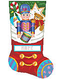Toy Soldier Stocking - PDF: This stocking looks like it is already full of toys and goodies including the decorated Gingerbread Cookie, Candy Cane, Sail Boat, Teddy Bear and the Toy Soldier with his drum hanging over the edge of what looks like the top of the stocking, but don't worry, there is plenty of room to fill the real stocking with all kinds of treats. Includes great finishing instructions. 
