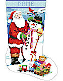 Santa and Snowman Stocking - PDF: Our wintery and fun Santa and Snowman Christmas Stocking in counted cross stitch will be a favorite for kids and adults alike in your décor. Features Santa giving a scarf to an adorable snowman. Perfect for a mantel in a snowy climate. Santa's bag of toys lying in the snow while a cardinal is watching. You'll love this wintery scene full of beautiful colors and details!