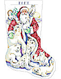 Father Winter and Friends Stocking - PDF: This unique, elegant and sophisticated white counted cross stitch features Santa visiting his woodland friends in the north in a winter wonderland. This beautiful stocking is done in soft blues, whites and reds. A wintery stocking for a baby's first Christmas or anyone who appreciates the special beauty of the season! These sweet faces will charm you for years to come.