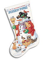 Frosty's woodland friends are gathered around to share their winter harvest. Stitch your loved one's name atop this stocking while the bunnies, raccoons, birds and even a mouse are gathered together below.