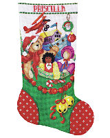 Our needlepoint stocking is Chock Full Of Toys 