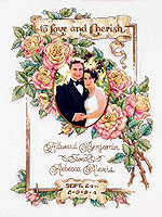 To Love and Cherish - an exquisite wedding record with a spray of peace roses serving as a backdrop for a stitched bride and groom or an actual photo of the newlyweds inserted into the design. This elegant Counted Cross-Stitch design is a display of your artistry and a beautiful gift of celebration for anniversary, wedding or a reaffirmation of your vows.
