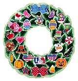 A circle of seasonal cheer for the making! A leafy Plastic Canvas garland wreath covered with holiday and seasonal motifs will welcome any friend to your home. Twenty-seven different interchangeable designs to mix and match as your mood swings. Patriotic, seasonal and bows in a variety of colors are included with enough canvas to stitch each motif. A host of wonderful ways to express a changing whim and display on your back door. A cheerful seasonal design.