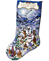Scoped and heading for your house top! Santa is on his way to delight boys or girls with a sleigh filled with gifts. This beautifully detailed Wool Needlepoint quaint village stocking filled with magical wonder and awe is sure to please.