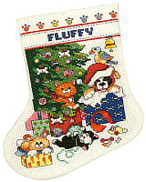 "Pet Stocking", with adorable animals sitting in wrapped boxes waiting under the tree for the holiday fun to begin.