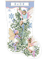 Such a sweet and unexpected Christmas stocking design. Pastels, snowflakes and three vintage style fairies flit about the lovely fir tree. A great heirloom piece for that perfect little girl.
