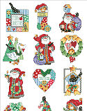 Country Folk Ornaments - PDF: 12 Country ornaments, each a tiny sampler in its own right, are gathered together into one charming collection. Santa feels right at home surrounded by blackbirds, checks and hearts galore. These delightful ornaments will enhance any country décor.