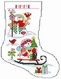 Snowmen Big Stitch Stocking - PDF: These dressed-for-warmth snowmen play with their birdie friends all winter long. This unique stocking is worked in Big Stitch and is sure to make the winter season a happy one. 