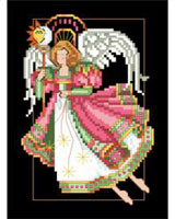Stitched on dramatic black fabric, this angel soars prominently in the heavens declaring nights and days with her staff and orb. It’s a striking design that will bring color into your décor.
