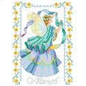 Birthday Faeries March - PDF: March birthdays feature a fairy wearing shades of green and trailing a green ribbon in her hands. She is surrounded by daffodils declaring the beginning of spring. One in a series of twelve faeries.