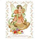 Birthday Faeries November - PDF: A cornucopia of the Earth’s bounty is resting at the feet of November’s Birthday Fairy. She’s surrounded by garlands of Chrysanthemum in a lovely fall colors. One in a series of twelve faeries.