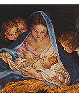 Night scene of the Madonna and her new-born babe, softly lit from above with angels in attendance. Counted Cross Stitch design by Sandy Orton.
