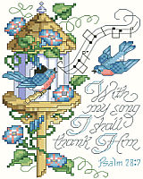 “With my song I shall thank Him.” This charming and lilting scripture of thanksgiving makes a sweet song on this little design of bluebirds and morning glories. Trendy birds and birdhouses make this an up-to-date design for bird lovers everywhere.