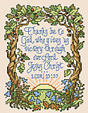 1 Corinthians 15:57 - PDF: This small depiction of scripture 1 Corinthians 15:57 “Thanks be to God, who gives us victory through our Lord Jesus Christ” is lovingly portrayed with mighty oak trees encircling the rising sun. This design by Sandy Orton is sure to inspire. 