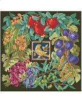 Seven different plants that are symbolic of the Jewish faith are depicted in this lovely design by Nancy Rossi. The motif in the center of the design is the Partridge. This may be worked in Counted Cross Stitch or Needlepoint and finished in a variety of ways to make that special heirloom piece.