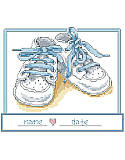 Baby Boy Shoes - PDF: Share the joy in the pitter-patter of new little feet with this cross stitch nursery art featuring a pair of blue baby booties. This classic newborn gift can be personalized with the baby’s name and birthdate.
