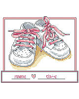 Share the joy in the pitter-patter of new little feet with this cross stitch nursery art featuring a pair of pink baby booties. This newborn gift can be personalized with the baby’s name and birth date.
