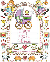 Commemorate a very special date with this brightly colored birth announcement. Framed with dollies, baby carriage, butterflies and other charming toys. Designed with plenty of space to customize it using a newborn's details, it makes a wonderful memento and charming piece of nursery décor.    
