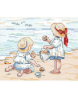 Bring the seaside to your living space with this lovely cross stitch featuring children collecting seashells. These are the makings of a perfect day as these toddlers love to dress up in their beach clothes and watch the waves coming in.  
One in a series of three of our By The Sea Series: Collecting Shells, Setting Sail and Sand Castles. Collect all three. 

