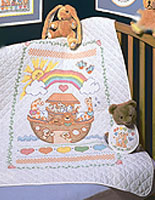 A traditional, pastel version of Noah's Ark features delightful animals aboard the ark floating on waves. The sun smiles down upon the passengers from behind a rainbow as a pair of doves fly overhead. A charming checkerboard and hearts lower-border completes the central image which is encircled by a vine motif.