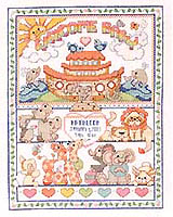 A traditional pastel version of Noah and his ark. A sampler-style design, this piece is composed of lots of animals, a smiling sun and cute border treatments.