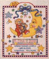 The sweet sentiments, soft colors, and delicate designs of Bucilla's baby collection are sure to delight both the stitcher and the recipient! The Celestial Moon coordinating ensemble includes a quilted crib cover, birth record, growth chart, baby bunting, and mini bib pair.