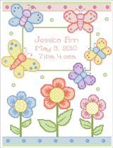 Decorate your nursery with this sweet counted cross stitch chart Butterfly Birth Announcement by Linda Gillum.