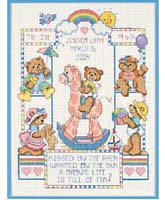 These bouncing baby bruins adorably illustrate the joyful message. This cheery reminder of a little one's happy arrival is worked in Counted Cross-Stitch.