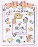 Adorable buttons are scattered across this Counted Cross Stitch Birth Sampler and tied together with a big peach bow. 'Welcome' baby with this personalized sampler which includes room for name, weight and birth date on a beautiful chart pak for baby's new room. Great for creative stitchers who prefer to select their own fabric and floss.