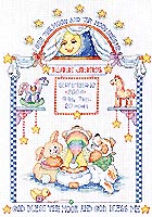Stars and Moonbeams gather to celebrate the newborn's arrival! The heart-warming man-in-the-moon looks down in happiness at the birth of a star. "I see the moon and the moon sees me...God bless the moon and God bless me" all together in baby's room in anticipation of baby's arrival.  Decorate the nursery with this brightly colored Counted Cross-Stitch birth announcement.