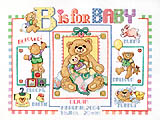'B' For Baby's Birth Announcement! 'B'eloved 'B'aby wears 'B'ooties; chases 'B'unnies; plays with 'B'alloons; 'B'locks and 'B'ears; and 'B'ears take a 'B'ath of 'B'ubbles. This 'B'eloved Counted Cross-stitch sampler is designed by Linda Gillum.