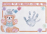 Preserve those precious tiny handprints forever! Baby bear and mousy are painting colorful handprints on this unique design. Alphabet and washable paint included for personalization.