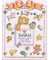 Your little one will love the selection of many bright, cute buttons...fish, horse, ice cream cone, just to name a few, all stitched in Stamped Cross Stitch on this cozy quilt with a big peach colored bow and little bear in the pocket. This quilt design by Linda Gillum has room for personalization of name and birth date.