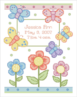 Decorate your nursery with this sweet counted cross stitch chart Butterfly Birth Announcement by Linda Gillum.