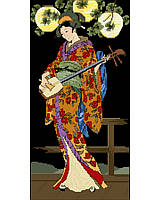 Oriental Beauty, this Geisha dressed in a sweeping kimono, playing her three stringed lute under Japanese lanterns.

