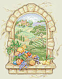 Tuscan View - PDF: Imagine peering out this window into the rolling hills. Stitched on 14 count ivory Aida, this amazing view comes to life by combining both full and half cross stitches to capture every detail.