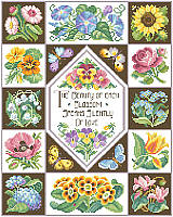 Stitch a garden of lovely blossoms with this springtime sampler.
This array of flowers looks great as a sampler or as separate small motifs to celebrate Nature.
