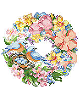 This sweet wreath full of cheerful spring colors and nesting birds is one of four seasonal wreaths that look perfect together stitched on a pillow or in a long line in a frame. 