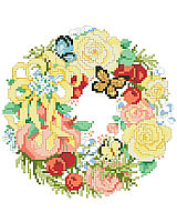 This sweet wreath full of summer flowers, butterflies, ribbons and fresh fruit is one of four seasonal wreaths that look perfect together stitched on a pillow or in a long line in a frame. Collect all four.