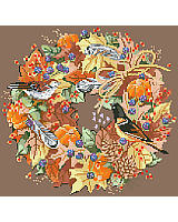 The perfect depiction of fall in this wonderful wreath of fall foliage, leaves, raffia, birds and feathers captures the crisp feeling of breezy and cool autumn weather leading to winter fun.