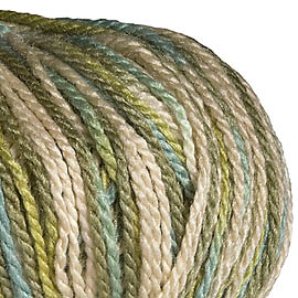There are 11 colors, both solid and variegated in this well named worsted weight yarn of 50% Merino and 50% Silk. Luxury for everybody.