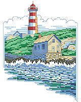 Marine style features in this coastal seaside cross stitch cast a nautical ambience over your home and hearth.  Depicts a large lighthouse with a classic cottage sitting on the shore with white water breaking on the beach. Fits in perfectly with other lighthouse and beach house décor.