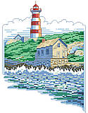 Lighthouse on the Hill - PDF: Marine style features in this coastal seaside cross stitch cast a nautical ambience over your home and hearth.  Depicts a large lighthouse with a classic cottage sitting on the shore with white water breaking on the beach. Fits in perfectly with other lighthouse and beach house décor.