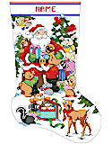 Santa's Woodland Friends Stocking - PDF: This woodland Santa is surrounded by his many forest friends. Set against a winter background, this charming cross stitch stocking features cute squirrels, bunnies, deer, raccoons, a skunk and a baby bear hanging from a tree. They are gathered in front of gorgeous evergreen trees. This stocking is perfect for any new addition to the family.