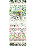 Garden of Kindness Sampler - PDF: Elevate your interior décor with this sweet and intricate band style sampler accent piece that features the inspirational poem <i>Kind Hearts Are Gardens</i>. This design uses five specialty Kreinik threads, braids or cords. 