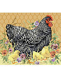 Henrietta Hen  - PDF: We are clucking over this darling barred Plymouth Rock Hen!  
Our hen with chicks in the pansy garden design has to be the easiest way to add some barnyard pals to your home. This fine hen wont be cooped up and could not be more fitting for your farmhouse kitchen. The perfect mate for our King of the Roost. Check out the rest of the Kooler chicken and rooster decor collection.